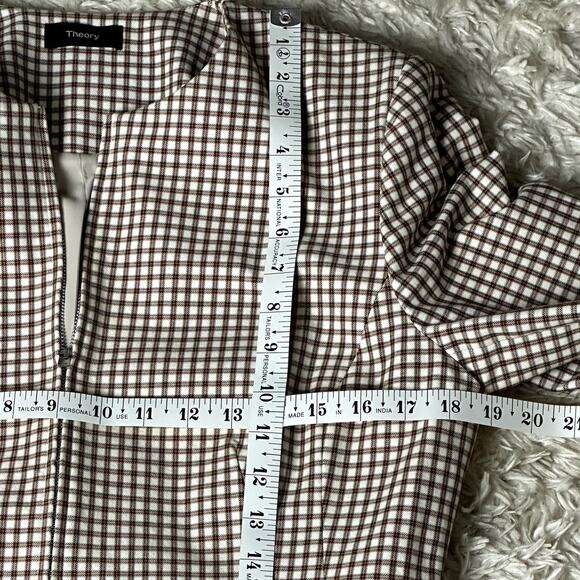 Theory Check Peplum-Back Sculpture Jacket Ivory Tan Grid Stretch Women's Size 10 - Picture 3 of 9